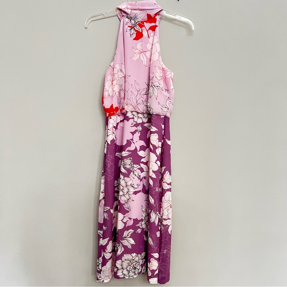 Belle Badgley Mischka Floral Halter Tie Neck Rhisa Midi Dress Lilac - Picture 5 of 13